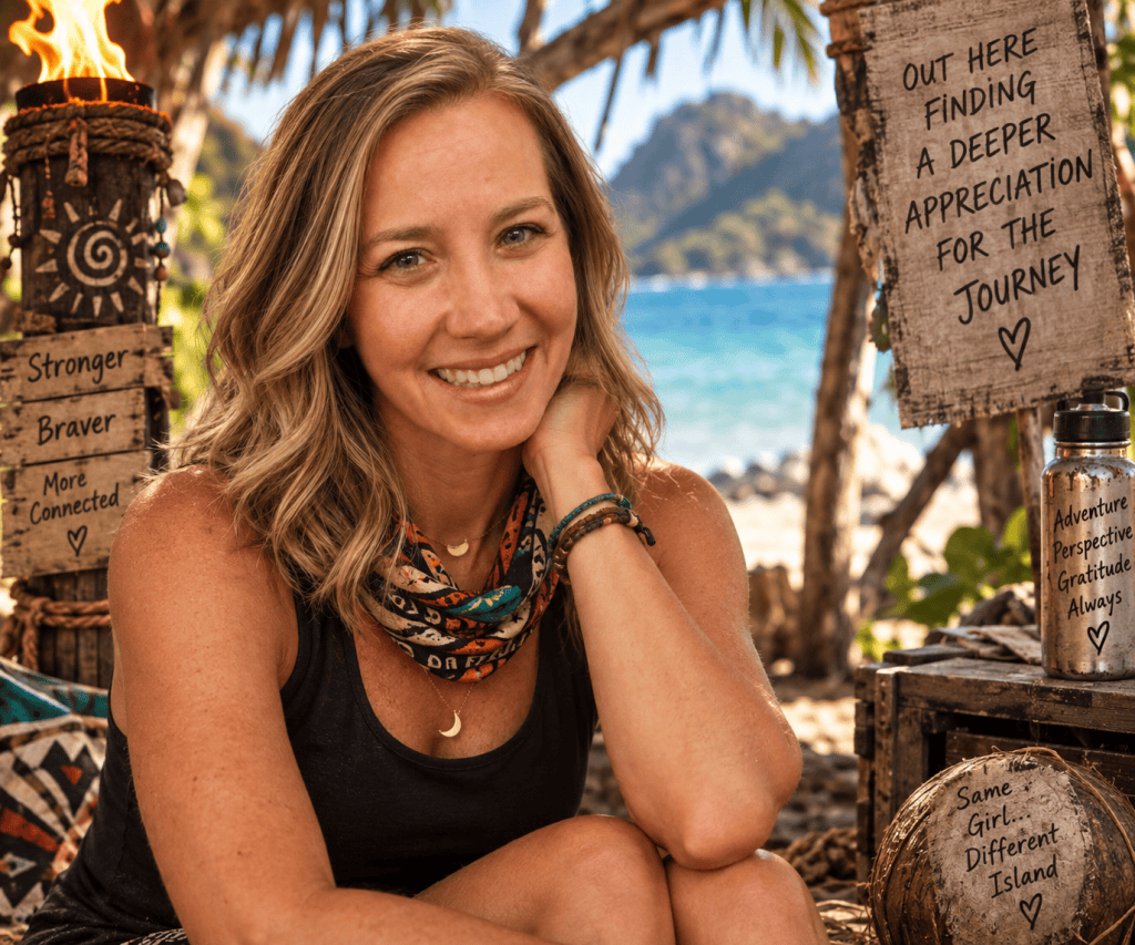 A smiling woman with wavy hair poses by a beach, wearing a layered necklace and a colorful scarf. Behind her, wooden signs display motivational phrases like 'Stronger, Braver, More Connected' and 'Adventure, Perspective, Gratitude Always.' The background features tropical scenery with the ocean in view.