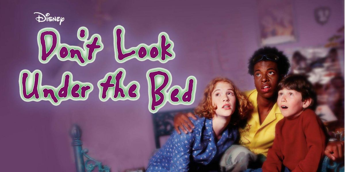 Promotional image for Disney's 'Don't Look Under the Bed' featuring three children with expressions of shock and curiosity, sitting on a bed in a colorful bedroom.