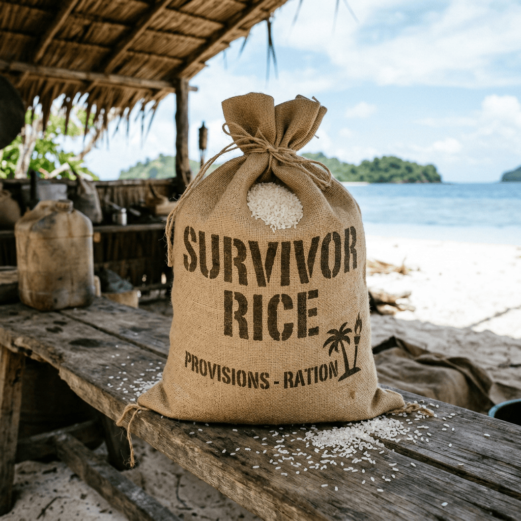 Burlap sack labeled “SURVIVOR RICE” and “PROVISIONS - RATION” on a wooden table