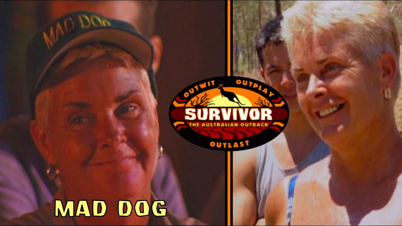 A split image featuring a smiling woman wearing a hat that says 'MAD DOG' on the left, and another image of her with a joyful expression on the right. Centered between them is the 'Survivor: The Australian Outback' logo with the tagline 'Outwit, Outplay, Outlast'.