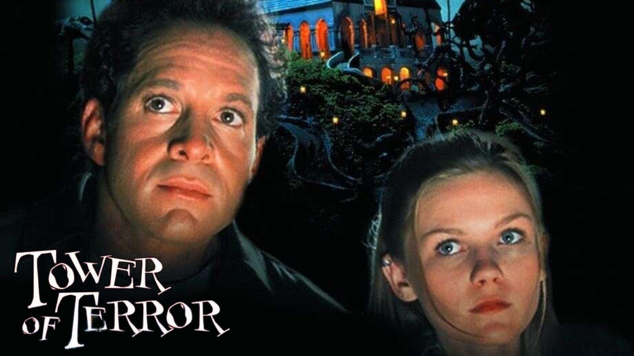 Close-up of two characters looking concerned in front of a haunted mansion in the background, titled 'Tower of Terror.'