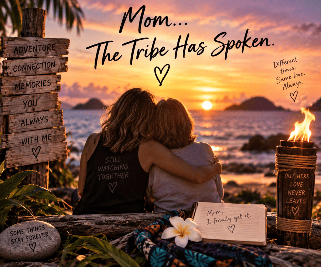 Two women sitting together on a beach, watching a sunset, with a signpost and messages nearby expressing love and memories.