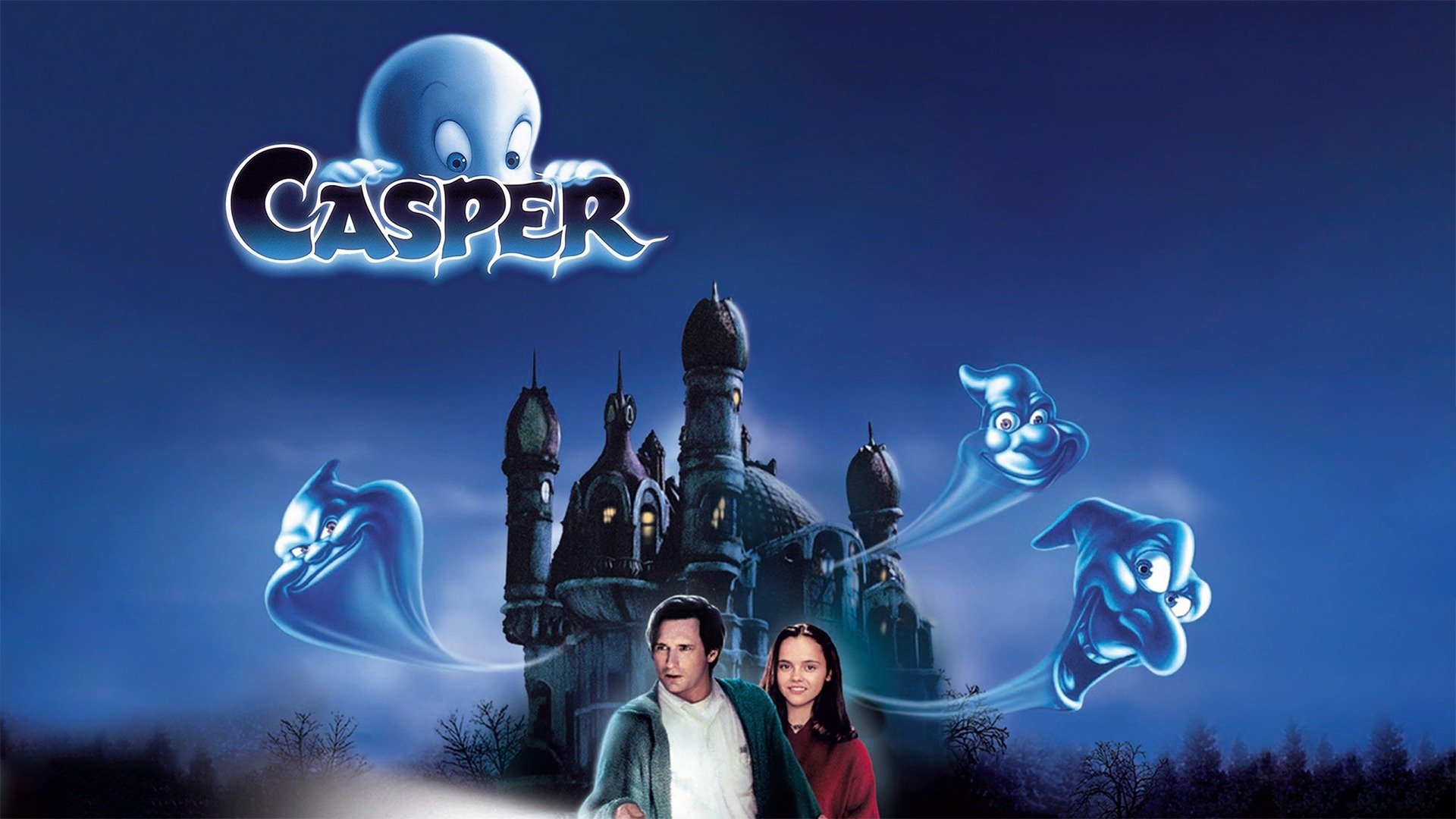 A promotional poster for the movie 'Casper' featuring Casper the friendly ghost and other ghosts, with a spooky mansion in the background.