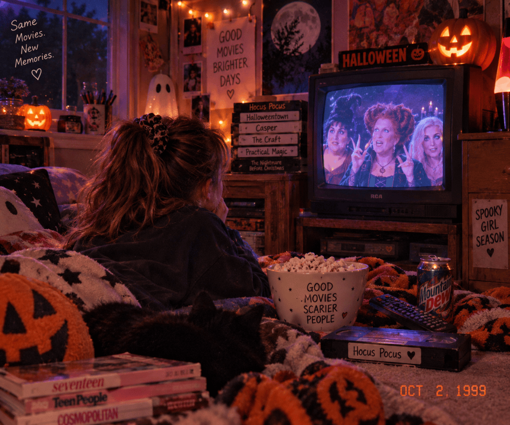 A person with curly hair watching a classic movie, 'Hocus Pocus,' on an old television. The room is decorated for Halloween with string lights, a carved pumpkin, and various movie posters. A bowl of popcorn and a soda can are on a patterned blanket, adding to the cozy atmosphere.