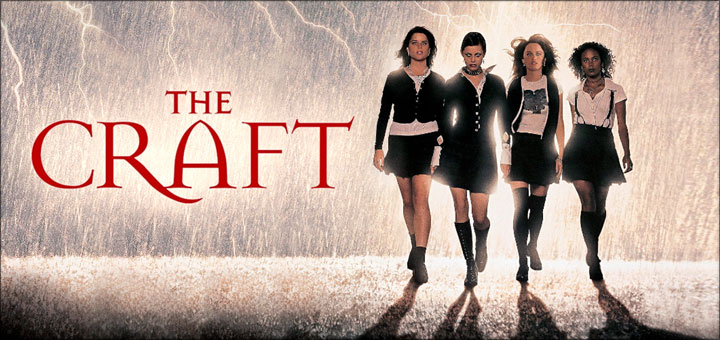 Promotional image for the movie 'The Craft' featuring four young women walking together in a dramatic, stormy background.