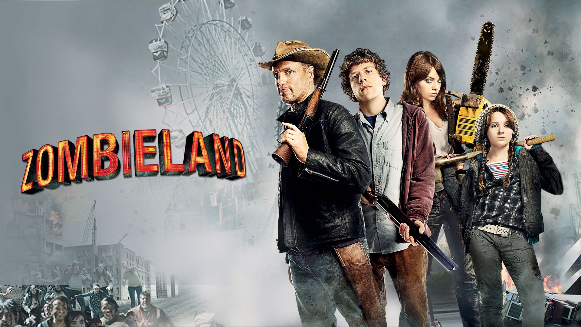 Group of four characters from the movie Zombieland, standing together in a post-apocalyptic setting, with weapons and a ferris wheel in the background.