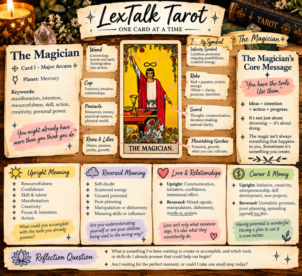 Infographic for the tarot card 'The Magician' from LexTalk Tarot, featuring illustrations of the card, keywords like 'manifestation' and 'resourcefulness', and meanings in areas like love, career, and personal growth.
