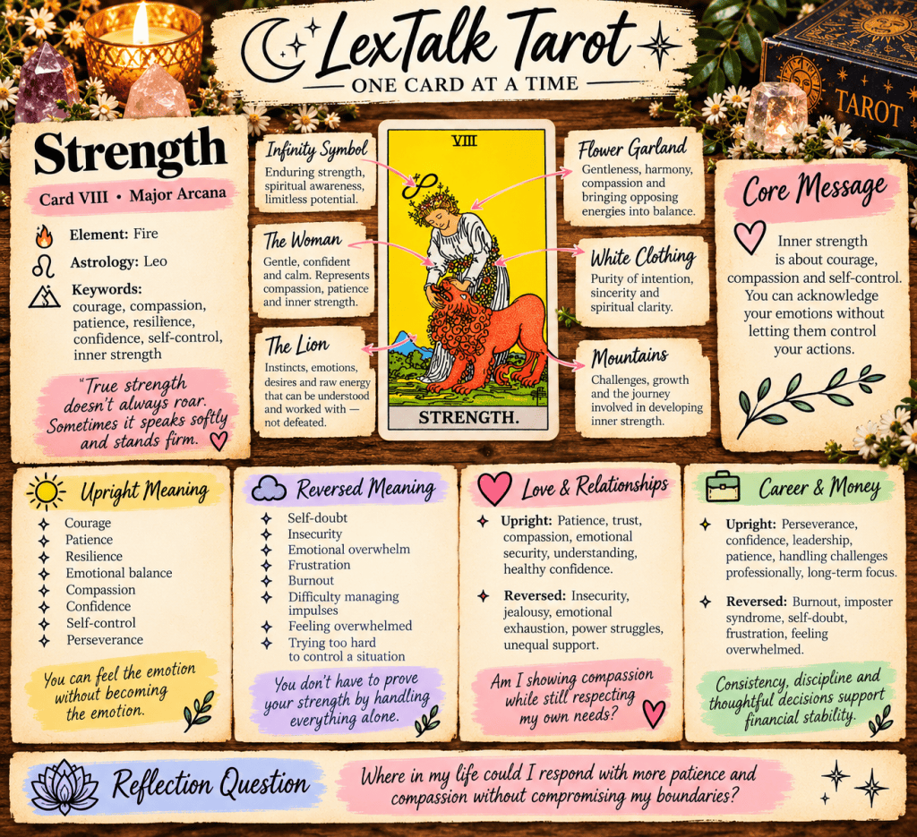 Illustration of the Strength Tarot card featuring a woman gently holding the mane of a lion. The card includes symbols such as a flower garland, mountains, and keywords related to emotional strength and compassion. Surrounding text covers meanings in various aspects of life, including love and career, along with reflections on patience and self-control.