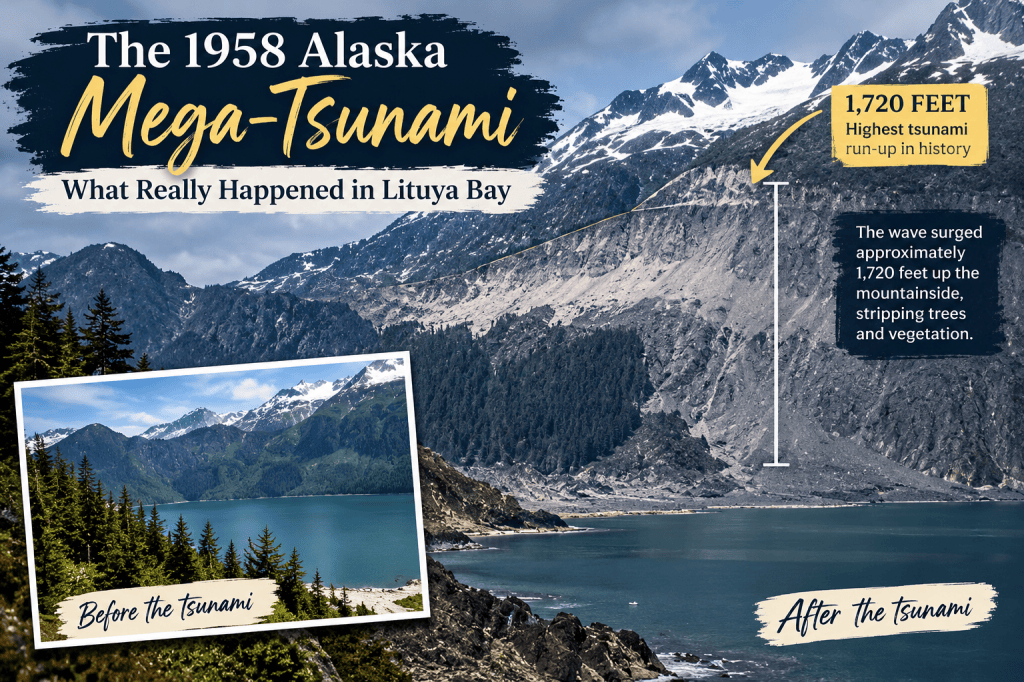 An infographic about the 1958 Alaska Mega-Tsunami, featuring a scenic view of Lituya Bay with mountains and forest, showcasing the impact of the tsunami with a 'Before the tsunami' and 'After the tsunami' comparison.