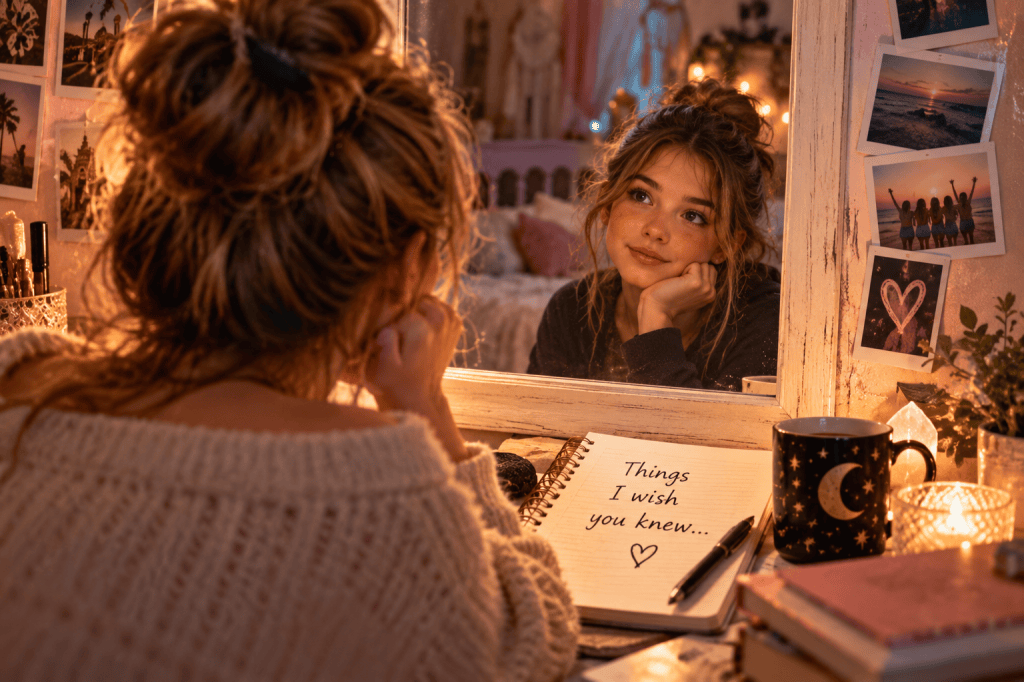 A young woman with natural curly hair sits at a desk, gazing thoughtfully into a mirror. She has a cozy sweater on and rests her chin on her hand. In front of her, a notebook displays the handwritten text 'Things I wish you knew...' alongside a pen, a black mug with a moon design, and various decorative items.