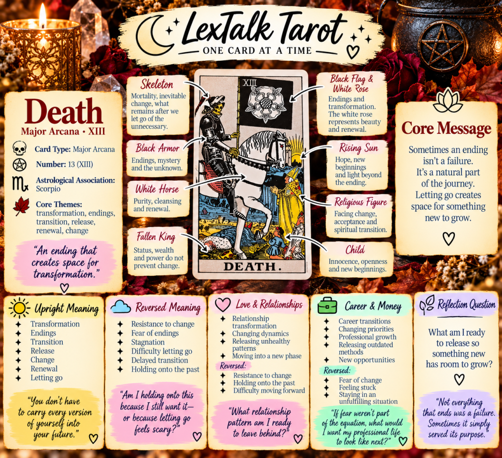 Infographic about the Death card in tarot, featuring its meanings, symbolism, and associations. The central image is a depiction of the Death tarot card, surrounded by detailed interpretations for love, career, and personal transformation.