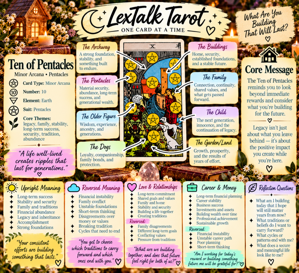 Infographic about the Ten of Pentacles tarot card from the LexTalk Tarot series, displaying its meanings, themes, and related concepts such as family, legacy, and prosperity.