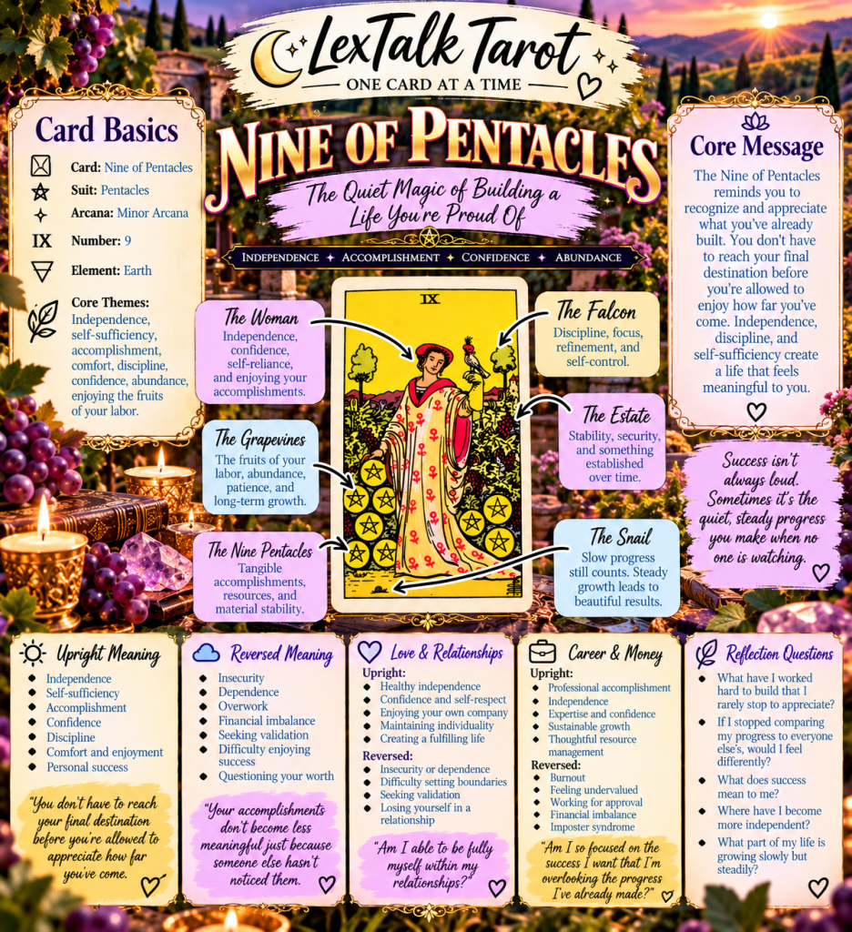 Illustration of the Nine of Pentacles tarot card, featuring a woman surrounded by nature, representing independence, accomplishment, and confidence. It includes explanations of card meanings, symbols like grapes and a falcon, and advice on personal growth and relationships.