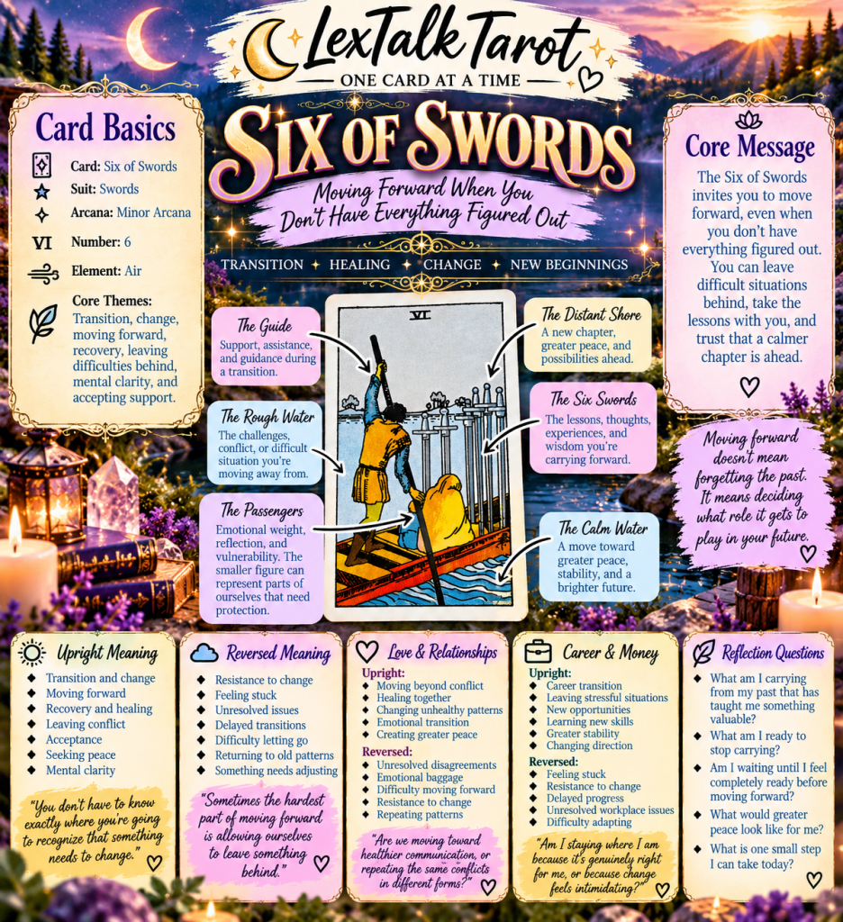Infographic for the Six of Swords tarot card featuring core meanings, interpretations, and symbolism related to transition, healing, and moving forward in life.