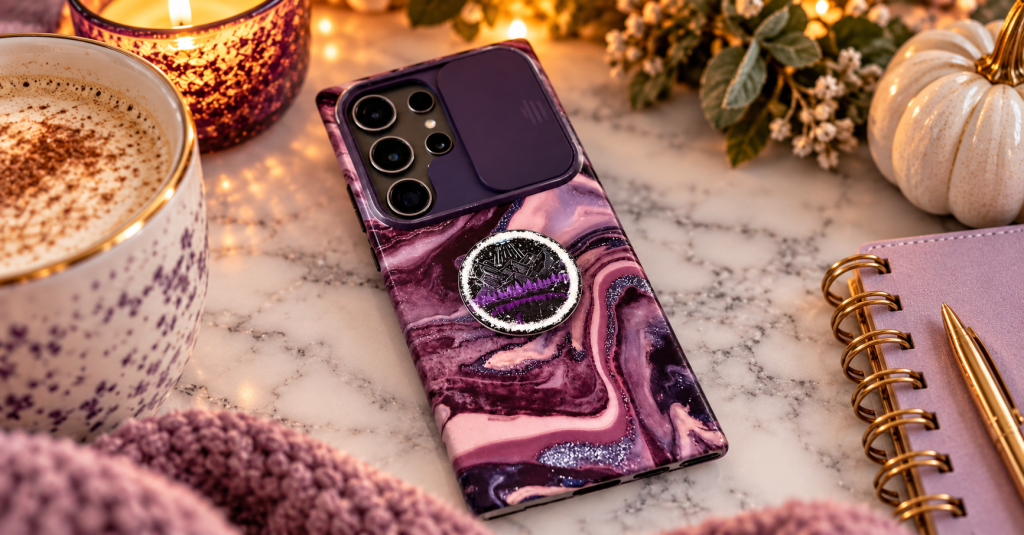 A smartphone with a colorful marble phone case is placed on a marble surface. Next to it, there is a patterned coffee cup, a lit candle, a small white pumpkin, a notebook with a spiral binding, and a pen, surrounded by soft fabric and greenery.