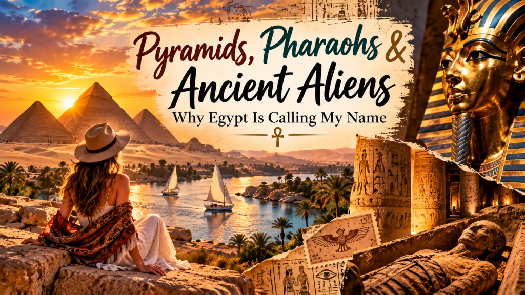 A woman sitting on a stone ledge overlooking the Nile River, with the pyramids of Giza in the background during sunset, accompanied by images of ancient Egyptian artifacts, including the golden mask of a pharaoh.