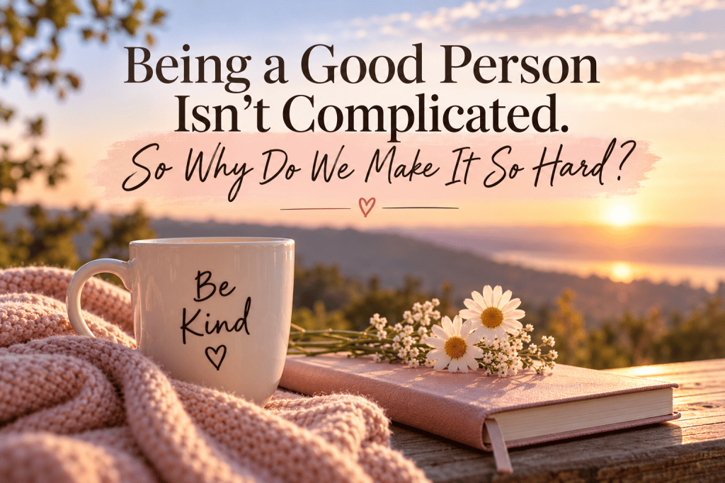 A cozy scene featuring a mug with 'Be Kind' written on it, a soft blanket, and a book on a wooden table with a scenic sunset backdrop. Text overlay reads: 'Being a Good Person Isn’t Complicated. So Why Do We Make It So Hard?'