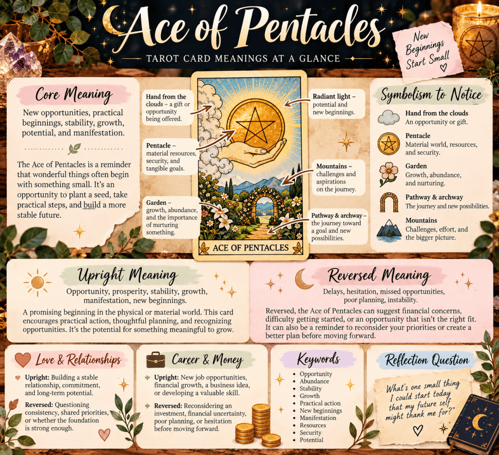 Illustration of the Ace of Pentacles tarot card, featuring a hand reaching from the clouds offering a pentacle. The card symbolizes new opportunities, stability, and practical beginnings. Surrounding elements include mountains, a garden, and pathways, with descriptions of upright and reversed meanings, along with keywords and a reflection question about future potential.